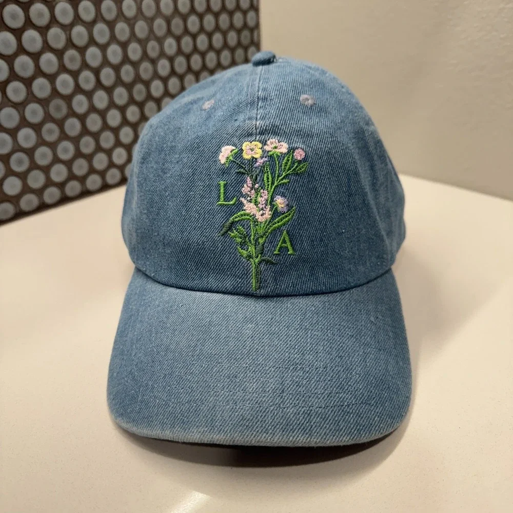 Los Angeles Hat Cap Blue Chambray Denim Strap Back‎ Floral Graphic Print Unknown